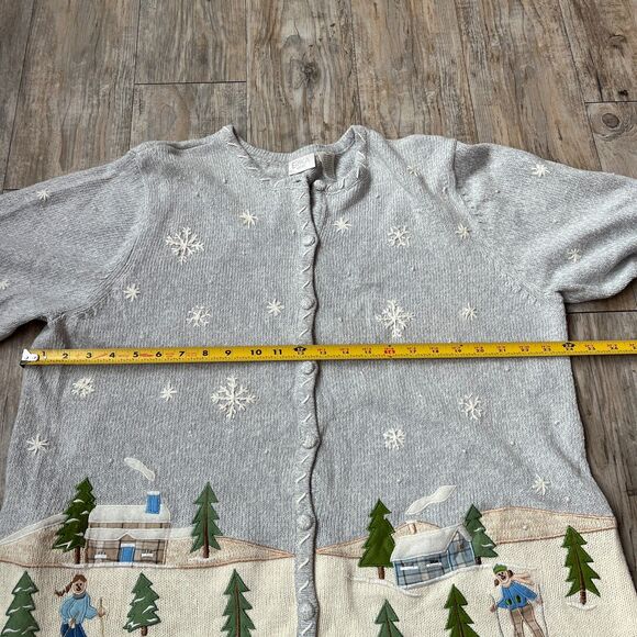 Vintage Ugly Christmas Sweater Cardigan Skiing Embroidered Knit Blue Granny XL - Picture 7 of 9